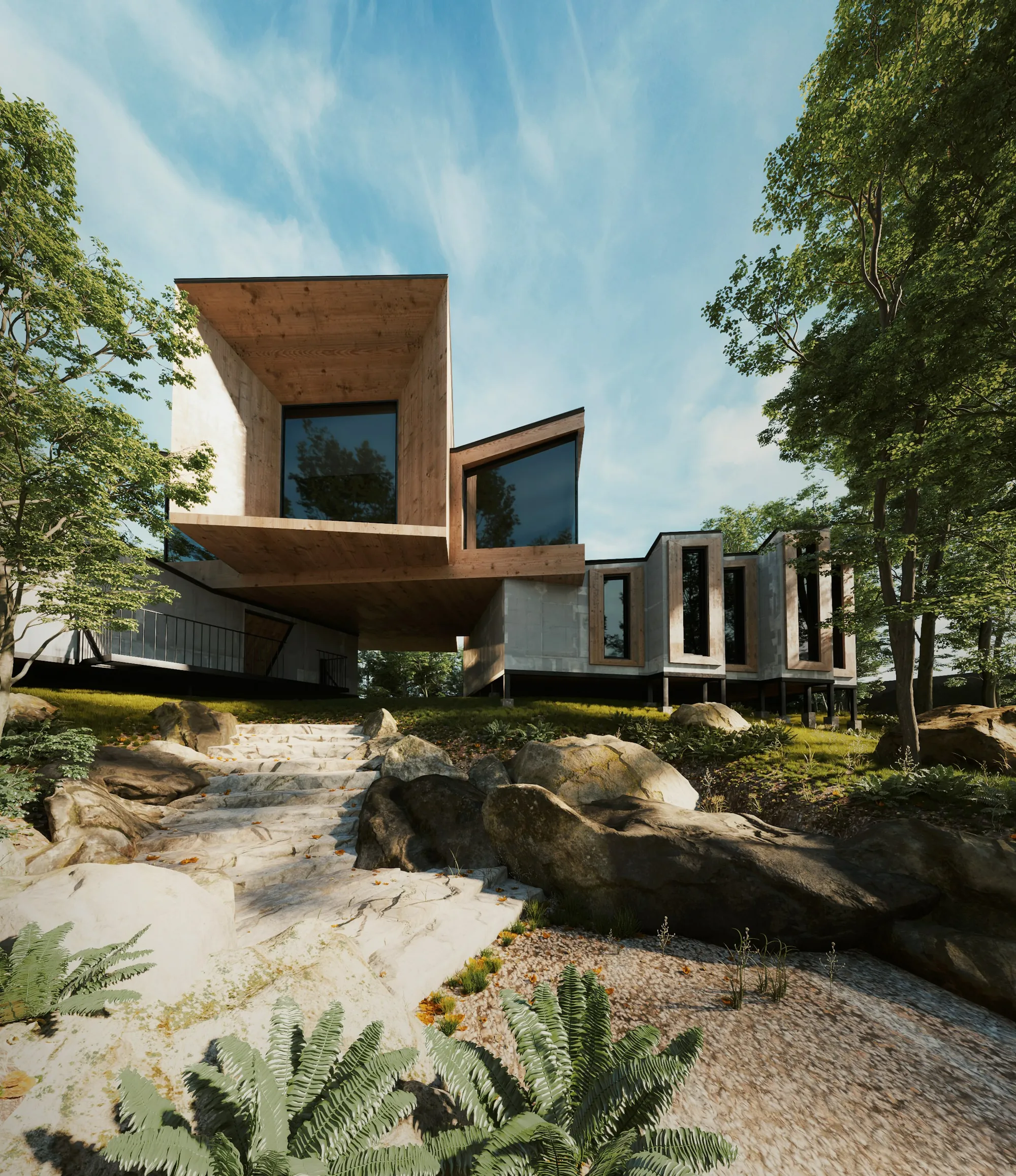 Contemporary house set among trees and rocks on a hillside